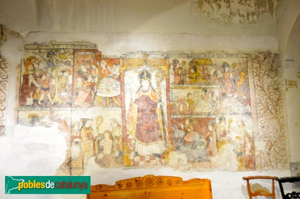 Església de Santa Eulàlia a Unha - Pintura gòtica mural del XV o XVI que representen la vida de Sant Germà d'Auxerre (Foto: Joan Sánchez Sabé, 2014) Església de Santa Eulàlia a Unha - Pintura gòtica mural del XV o XVI que representen la vida de Sant Germà d'Auxerre