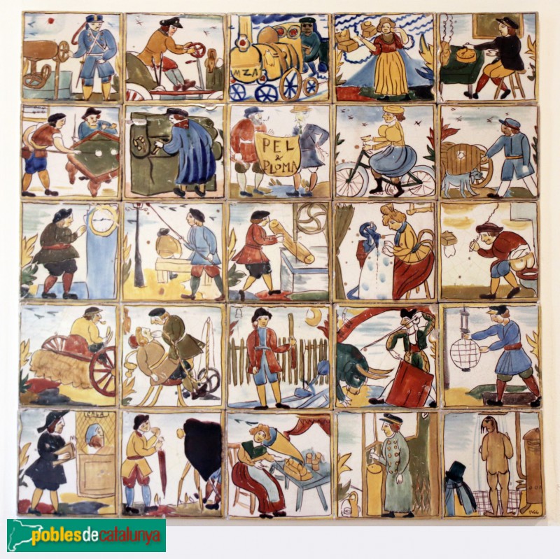 Museu de l'Enrajolada - Conjunt de rajoles titulades Adelantos del siglo XIX, dissenyades per Ramon Casas i promogudes per la revista Pèl & Ploma (Foto: Albert Esteves, 2019) Museu de l'Enrajolada - Conjunt de rajoles titulades Adelantos del siglo XIX, dissenyades per Ramon Casas i promogudes per la revista Pèl & Ploma