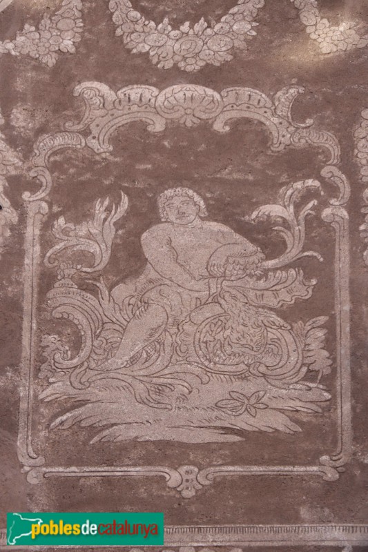 Barcelona - Avinyó, 30. Detall dels esgrafiats (Foto: Albert Esteves, 2019) Barcelona - Avinyó, 30. Detall dels esgrafiats