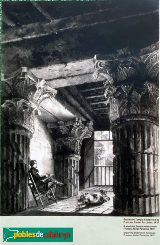 Barcelona - Columnes del temple romà, gravat antic anterior a la reforma (Foto: cartell in situ) Barcelona - Columnes del temple romà, gravat antic anterior a la reforma