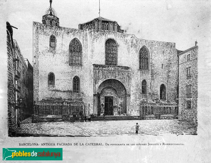 Barcelona - Antiga façana de la catedral. Reproducció d'un gravat (Foto: Arxiu del Centre Excursionista de Catalunya) Barcelona - Antiga façana de la catedral. Reproducció d'un gravat