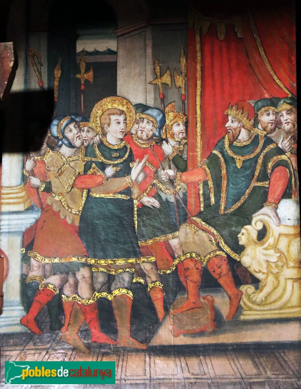 Caldes de Montbui - Retaule de Sant Sebastià de Montmajor. Sant Sebastià davant Dioclecià (Foto: Albert Esteves, 2022) Caldes de Montbui - Retaule de Sant Sebastià de Montmajor. Sant Sebastià davant Dioclecià