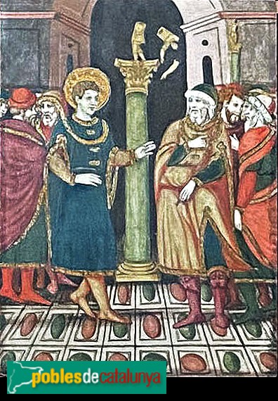 Caldes de Montbui - Retaule de Sant Sebastià de Montmajor. Sant Sebastià i l'ídol trencat (Foto: Albert Esteves, 2022) Caldes de Montbui - Retaule de Sant Sebastià de Montmajor. Sant Sebastià i l'ídol trencat