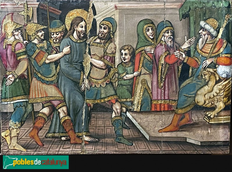 Caldes de Montbui - Retaule de Sant Sebastià de Montmajor. Crist davant Caifàs (Foto: Albert Esteves, 2022) Caldes de Montbui - Retaule de Sant Sebastià de Montmajor. Crist davant Caifàs