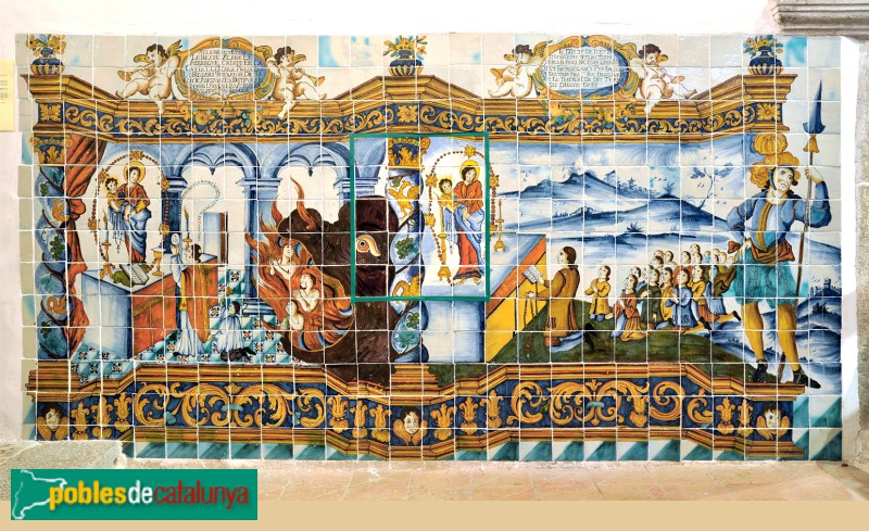 Quart - Església de Sant Sadurní de Palol. Plafó de la capella del Roser (Foto: <i>Jordi Contijoch -calaix.gencat.cat-</i>, 2014) Quart - Església de Sant Sadurní de Palol. Plafó de la capella del Roser