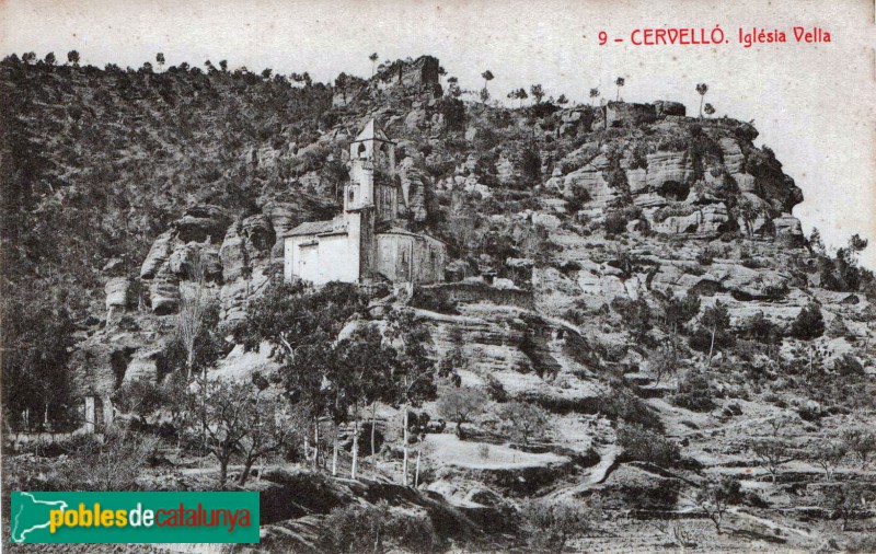 Cervelló - L'església vella i el castell al capdamunt. Postal antiga