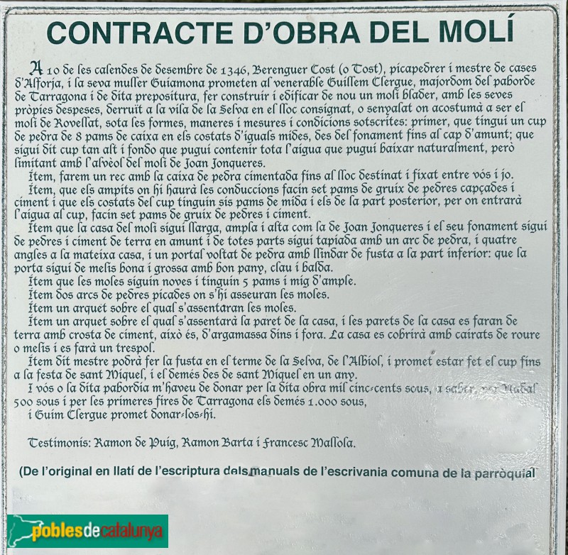 La Selva del Camp - Molí del Rovellat, Contracte d'obra (cartell in situ) La Selva del Camp - Molí del Rovellat, Contracte d'obra (cartell in situ)