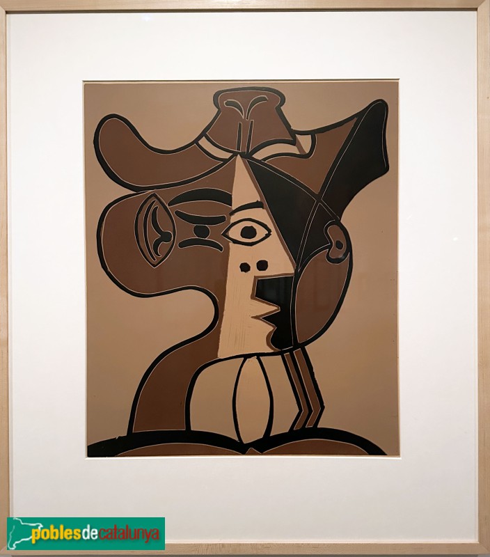 Fundació Palau i Fabre - Pablo Picasso, <i>Gran testa de dona amb capell</i>. Linòleum, 1962 (Foto: Albert Esteves, 2025) Fundació Palau i Fabre - Pablo Picasso, <i>Gran testa de dona amb capell</i>. Linòleum, 1962