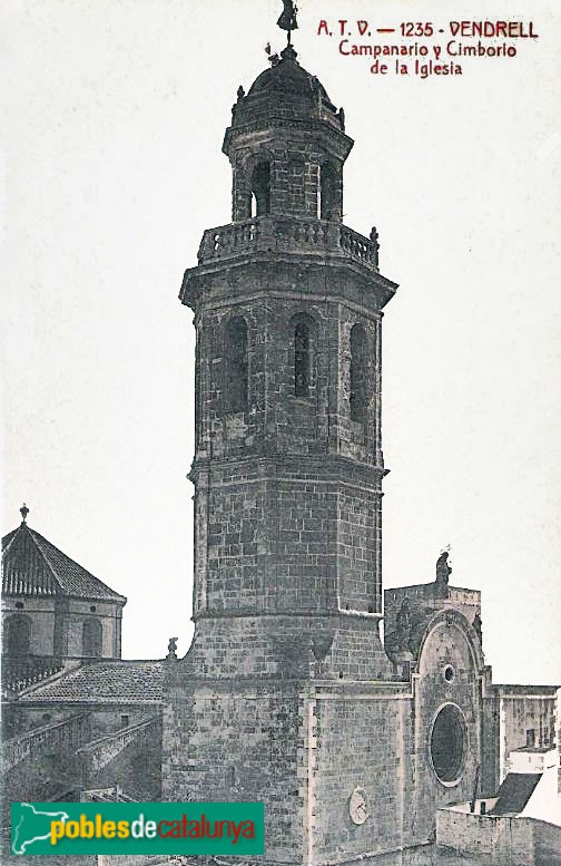El Vendrell - Església de Sant Salvador. Campanar. Postal antiga
