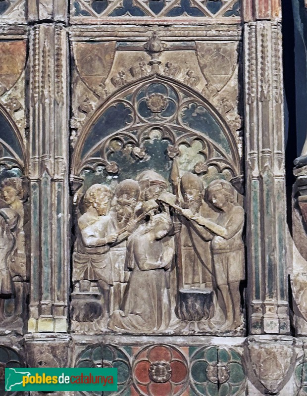 Lleida - Església de Sant Llorenç. Retaule de Santa Llúcia. la santa martiritzada amb oli bullent