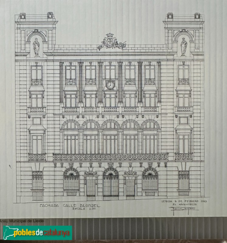 Lleida - La Paeria. Façana del Segre. Escultura. Plànol