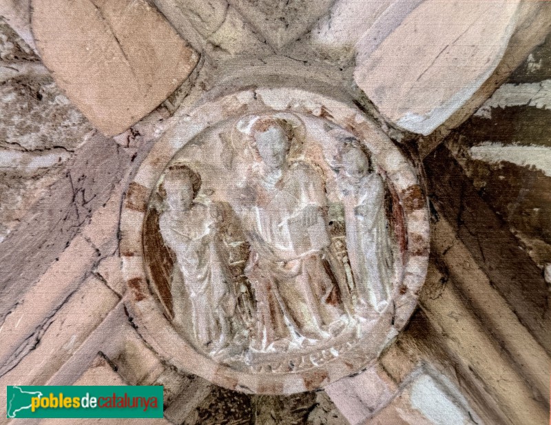 Almenar - Església de Santa Maria. Clau de volta (Foto: <i>J. Clariana, cartell in situ</i>) Almenar - Església de Santa Maria. Clau de volta