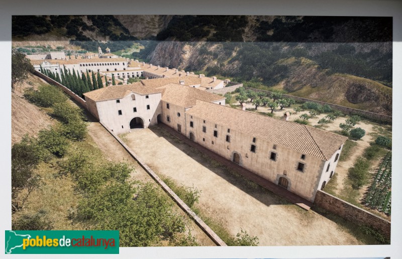 Cartoixa d'Escaladei - Reconstrucció hipotètica. Cartell in situ Cartoixa d'Escaladei - Reconstrucció hipotètica. Cartell in situ